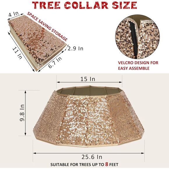 Blissun Sequin Christmas Tree Collar Skirt Champagne Foldable - Picture 3 of 4